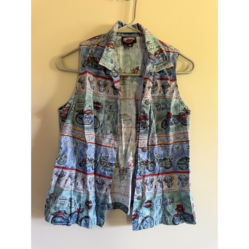 Harley-Davidson Womens All Over‎ Print Motorcycle Sleeveless Button Down Shirt M